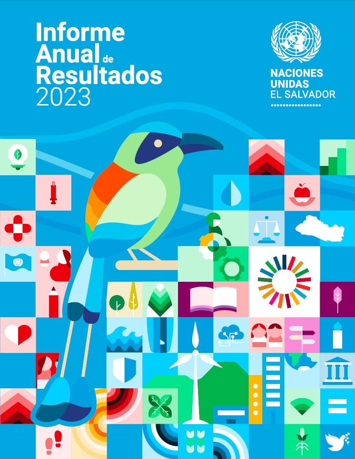 Portada del Informe anual de resultados 2023 que tiene en el centro un torogoz en tamaño grande sobre un fondo celeste, con unas líneas en tono celeste claro que simulan montañas al fondo y rodeados por íconos de diferentes colores que hacen referencia a los efectos del Marco de cooperación.