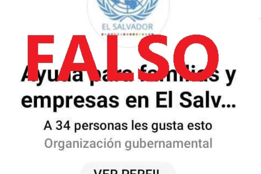 Fotografía de imagen de una publicación con logotipo de las Naciones Unidas y texto en el que se lee: Ayuda para las familias y empresas en El Salvador. Sobre la imagen un texto en rojo que dice FALSO