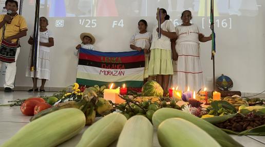 En primer plano, altar formado por los pueblos indígenas con mazorcas de maíz, flores, frutas y velas. Al fondo, mujeres  sosteniendo banderines y una joven y un niño con una bandera que dice Kakawira, Morazán.